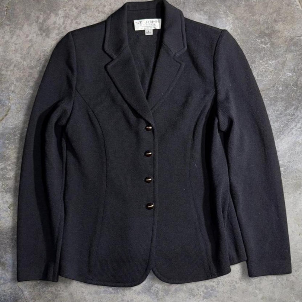 Vintage St. John Basics By Marie Gray Black Knit Blazer Jacket USA Size 2